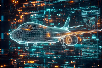 Fototapeta premium Futuristic Digital Wireframe Representation of an Airplane on a Screen