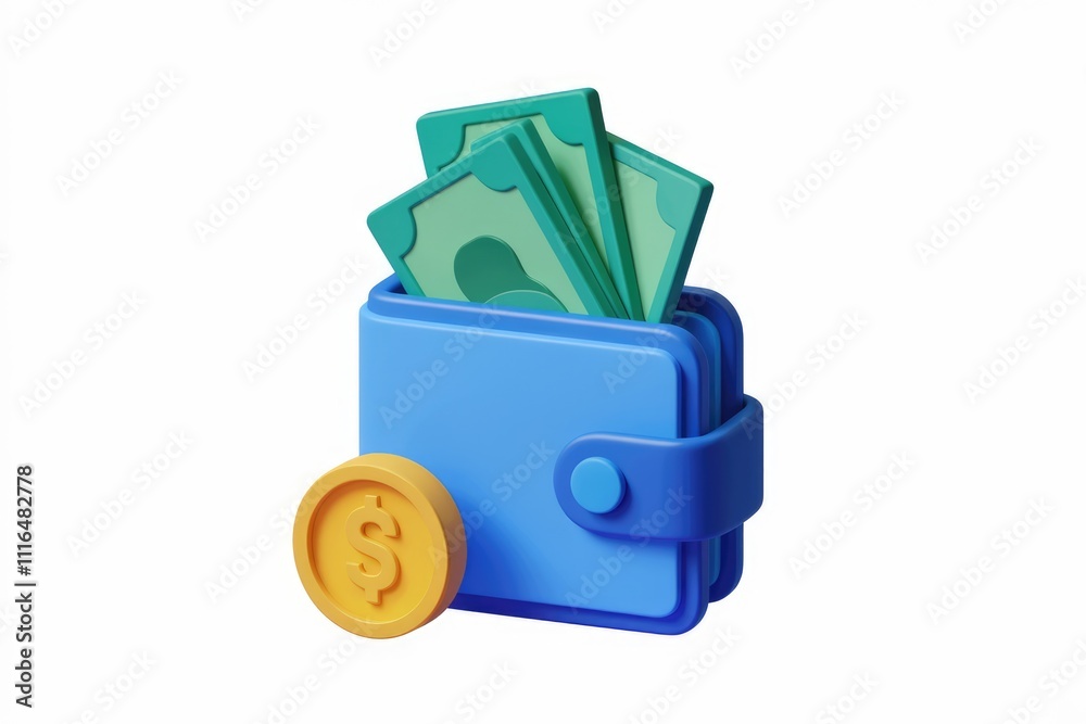 Poster a 3d rendering of a blue wallet with cash and a gold coin symbolizing finance and wealth.
