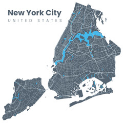 Urban New York City map. Map of NYC, USA borders. Vector fill version including streets.