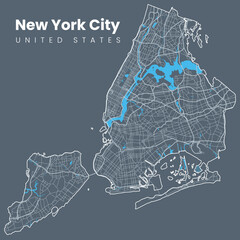 Urban New York City map. Map of NYC, USA borders. Vector light stroke version including streets on dark background.