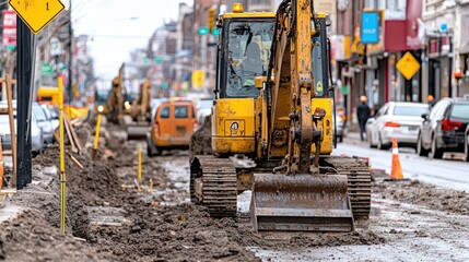 Fototapeta premium Urban Road Construction: Excavator at Work on City Street