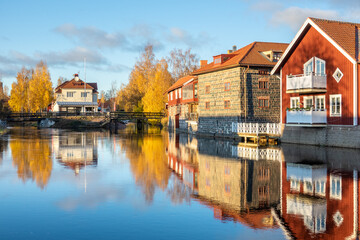 Obraz premium Old tow of Falun with traditional, picturesque, red wooden houses in the city of Falun in Dalarna, Sweded
