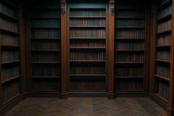 Obraz premium Empty wooden bookshelf corner in a dimly lit room