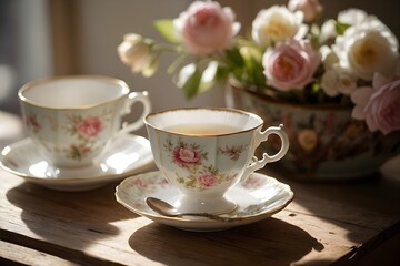 A stack of vintage teacups with pastel colors and floral patterns, set on a rustic wooden table. Surrounded by a linen napkin and soft natural light, this scene evokes warmth, nostalgia, and elegance.