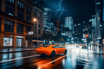 Vibrant orange sport car navigates the slick, wet streets of a bustling city at night, illuminated...