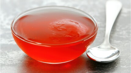 Vibrant Red Jelly in Glass Bowl with Spoon