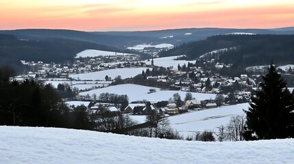 Snowy Village Landscape with Pink Sunset Sky
