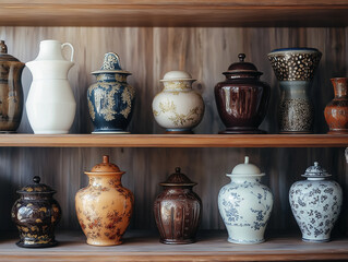 Regał z różnymi rodzajami urn ceramicznych.