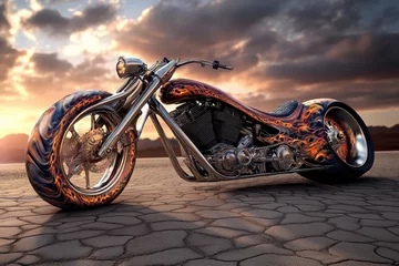 Fotobehang Motorfiets Custom motorcycle with unique design parked on cracked desert landscape during sunset  © YouraPechkin