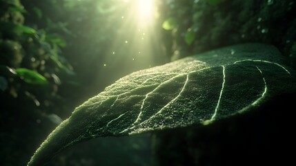 Dew Covered Leaf Basking In Sunlight In Lush Forest