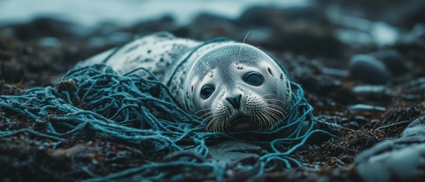 A young seal rests amidst tangled blue nets on a rocky shore, its curious eyes capturing a poignant blend of innocence and vulnerability.