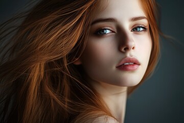 Fototapeta premium Young woman with flowing red hair gazes thoughtfully at the camera in soft light