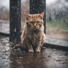 Serene Feline Resting Outdoors on a Rainy Day with Soft Fur