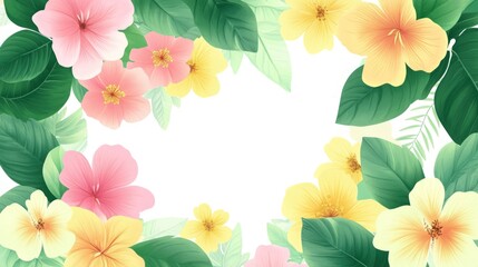 Obraz premium Floral frame, pastel pink, yellow flowers, green leaves.
