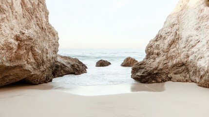Rocky beach cove with gentle waves and soft sand at sunset