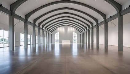 Naklejka premium modern exhibition hall with a high, vaulted ceiling, spanning large open area, art galleries, trade shows, sports events, spacious, well-lit hall, concrete building hall, created with generative ai