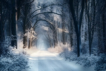 snow covered road in winter forest landscape