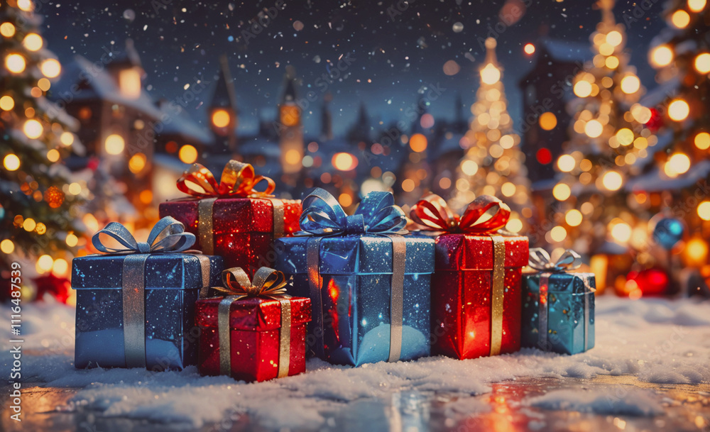 Aufkleber stack of presents with a blue one in the middle. the blue box is the tallest. the red box is the sho