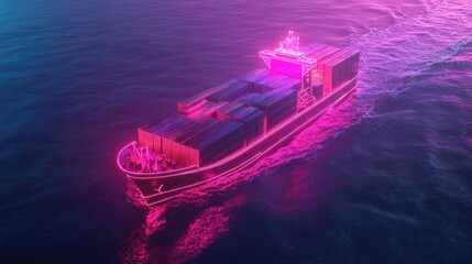 Fototapeta premium Container ship made of glowing neon lines, floating in a digital sea, representing technology-driven logistics