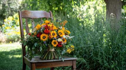 Vibrant Floral Bouquet on Rustic Wooden Chair in Beautiful Garden Setting Surrounded by Lush Greenery and Blossoming Flowers Under Clear Blue Sky