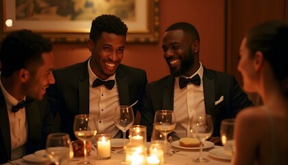 Several black men groom groomsmen at a wedding reception party gala event with wine and dinner smiling