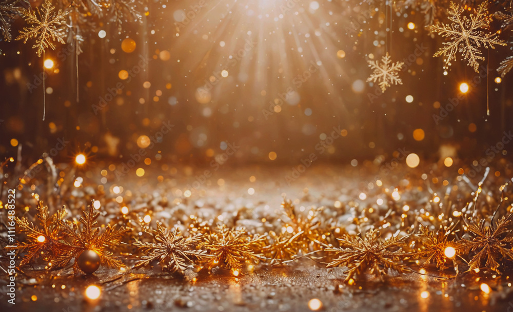 Poster beautiful gold background with a lot of snowflakes and lights. the snowflakes are spread out across 