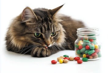 Curious Cat and the Colorful Treats: A fluffy tabby cat with captivating green eyes gazes intently at a jar of colorful pills, creating a whimsical and intriguing scene.