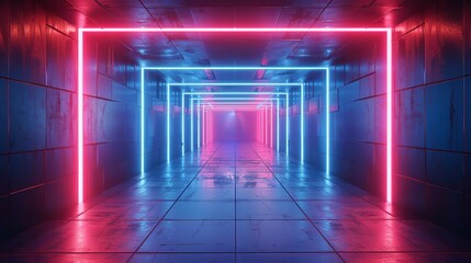 Naklejka premium Futuristic neon corridor with vibrant pink and blue lights. A perfect backdrop for sci-fi, gaming, or technology projects.