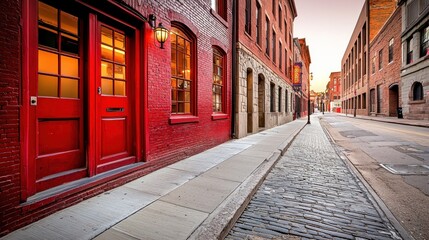Obraz premium Red Brick Street in Historic Cityscape at Dawn