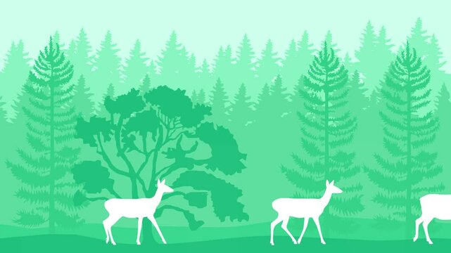 Beautiful landscape with forest and walking deer (animation, seamless loop)