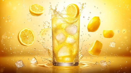 Refreshing Lemonade with Ice Cubes and Lemon Slices Splashing