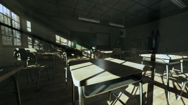 An old, neglected classroom is illuminated by shafts of light streaming through dusty windows, revealing empty desks and forgotten school supplies. The atmosphere feels haunting yet nostalgic.