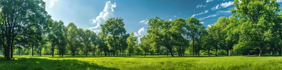 Obraz premium Sky And Trees. Summer Park Landscape with Green Meadow and Trees in Beautiful Garden