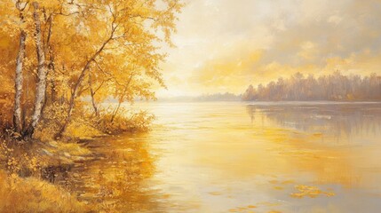 Obraz premium Golden Autumn Landscape River Birch Trees