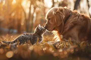 Fleecedeken met foto In a tranquil autumn park, a golden retriever and a playful kitten nuzzle each other affectionately amidst the warm golden light and fallen leaves. © Shipra