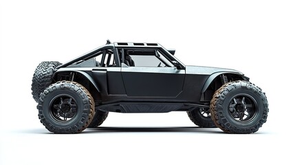 Black off-road vehicle on white background, aggressive design.