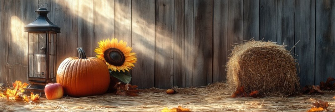 Sunflower and Fall harvest decoration. Seasonal theme for greeting card background.
