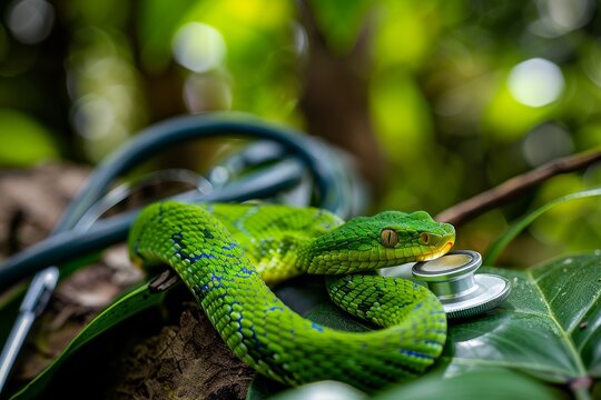 A green tree python is coiled around a stethoscope amidst vibrant leaves in a tropical rainforest, showcasing the intersection of nature and health.