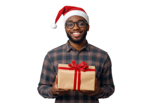 African man in plaid shirt holding a Christmas gift with red ribbon isolated on transparent png background.