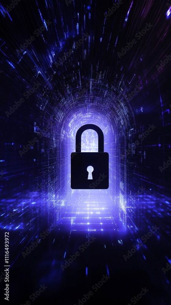 Aufkleber digital lock in a neon blue abstract tunnel representing cybersecurity concept