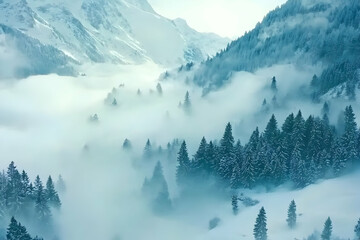 Snowy mountain valley shrouded in mist, winter landscape.