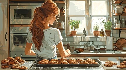 Obraz premium A cheerful woman holds a tray of freshly baked golden bread in a bright, cozy kitchen filled with natural light. 