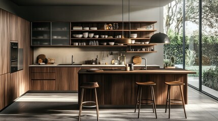 Modern Wood Kitchen Island with Sleek Cabinetry and Natural Light