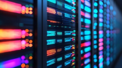 Naklejka premium A close-up view of illuminated server racks with colorful LED lights, showcasing a modern data center environment filled with technology.