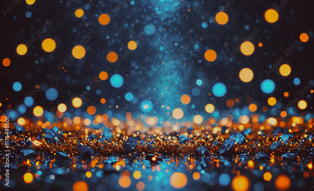 Poster Blue and orange background with many small dots. The dots are of different sizes and colors. The background is blurry and the dots are scattered all over it