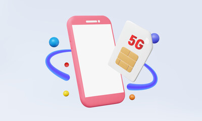 Mobile phone with SIM card 5G technology golden chip internet network wireless communication play social media via smartphone high speed. 3D vector elements design
