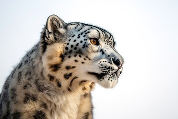 Close-up of snow leopard's face against clear sky, side view