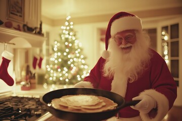 A cheerful Santa cooks delicious pancakes in a cozy kitchen, bringing warmth to the holiday season. Cooking with cast iron skillets adds a unique flavor to festive meals.