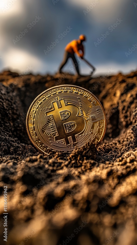 Aufkleber bitcoin in soil with person digging in background, cryptocurrency mining concept