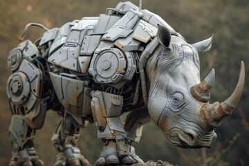 A mechanical rhinoceros made of intricate metal parts stands majestically on rocky terrain,...